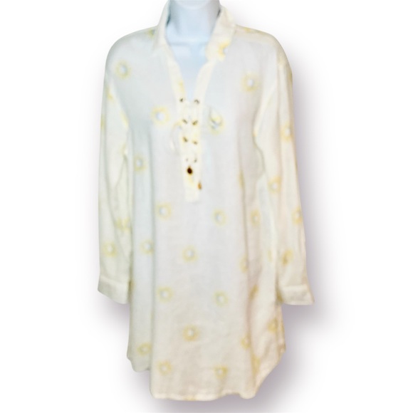 Cynthia Rowley Cream Yellow Sun Moon Linen Swim Coverup Tunic Shirt Dress S - Picture 1 of 9
